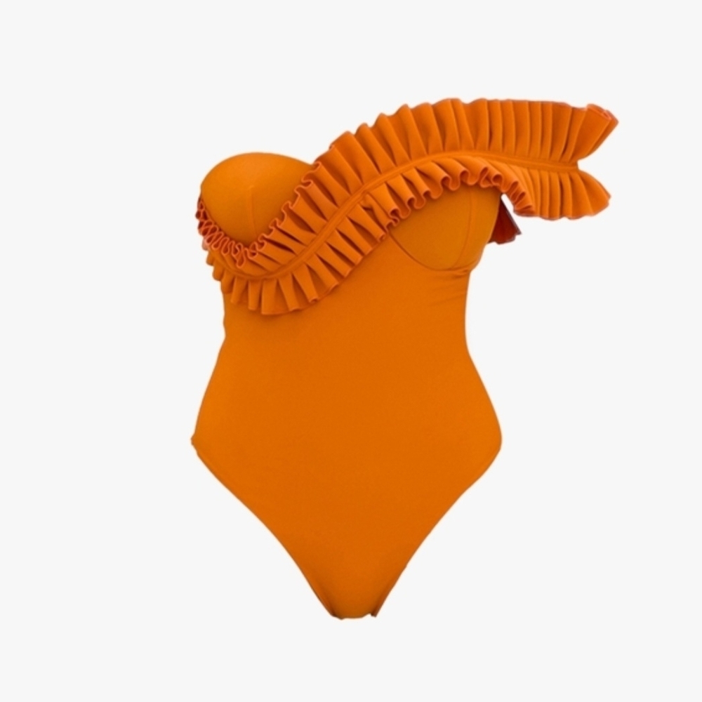 Andrea Iyamah Orange One-Shoulder Ruffle One-Piece Swimsuit